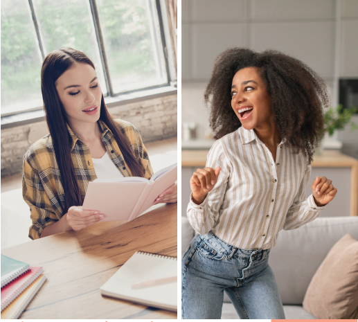 Deux jeunes filles, une qui danse et une assise qui regarde un cahier