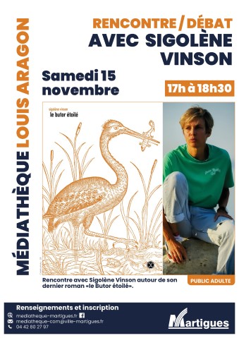Affiche de l'événement avec une photo de Sigolène Vinson et une du livre présenté.