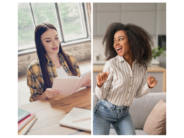 Deux jeunes filles, une qui danse et une assise qui regarde un cahier