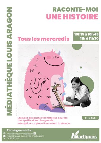 Jeune fille assise en tailleur devant un livre, un monstre rose dessin&eacute; le tient debout