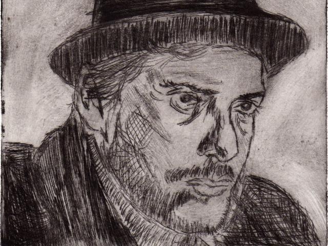 Portrait grav&eacute; de Tarkos par Charles Pennequin